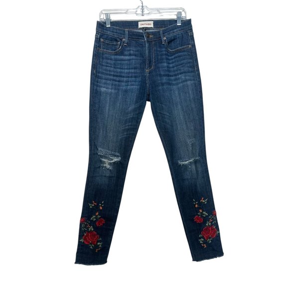 Driftwood Jackie Floral Embroidered Jeans 28 Blue Skinny High Rise Stretch Boho - Picture 1 of 10